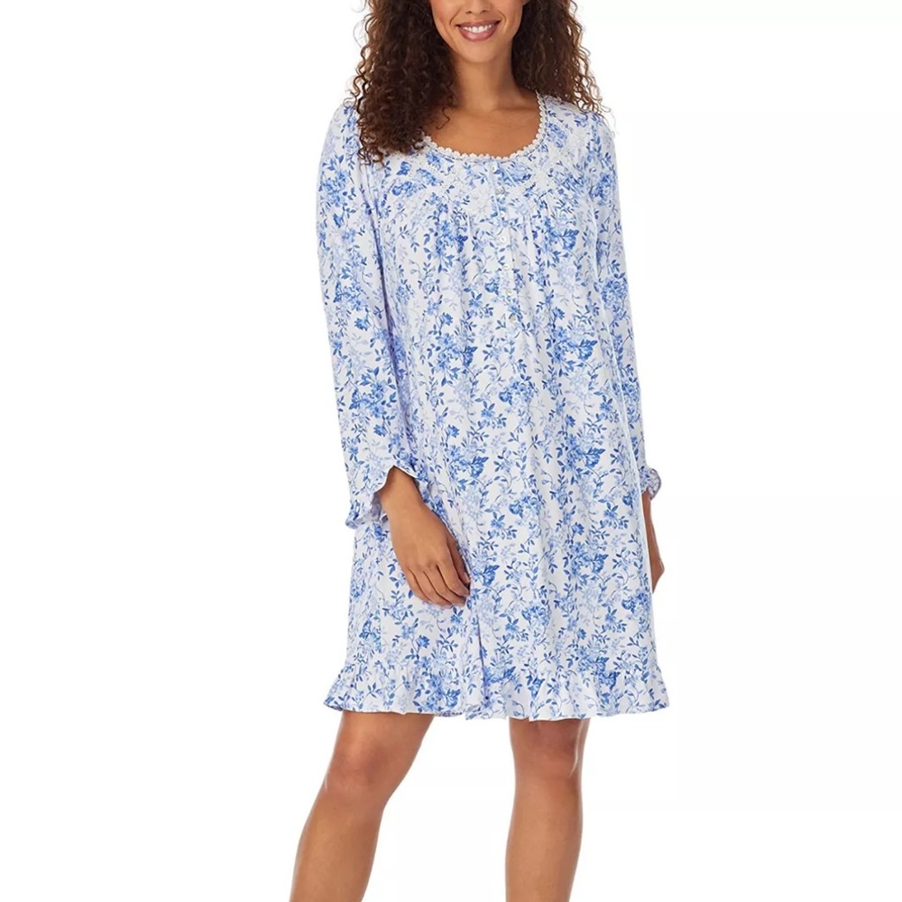 Eileen West Blue Floral Long Sleeve Mini Short Night Gown XS Blue White‎